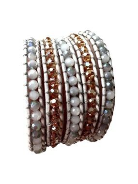 Victoria Emerson Leather Wrap Bracelet Quartz Crystal Beads 36" White Rose Gold